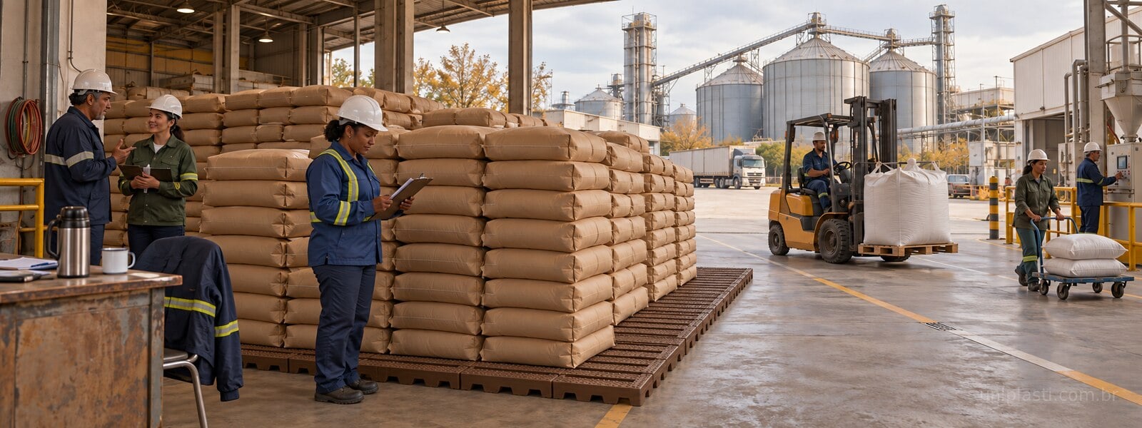 Equipe trabalha na armazenagem e movimentação de sacarias em indústria com estrados marrons e silos ao fundo