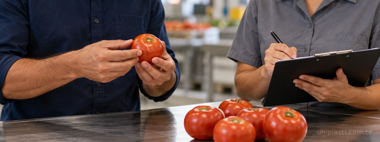 Profissionais examinam um tomate e registram a inspeção em uma prancheta