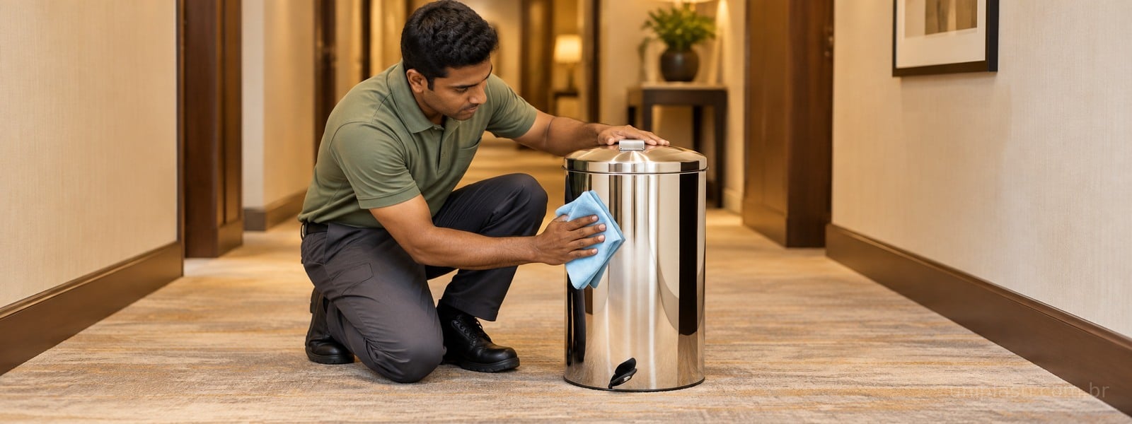 Profissional seca uma lixeira inox com pano macio em ambiente de hotelaria