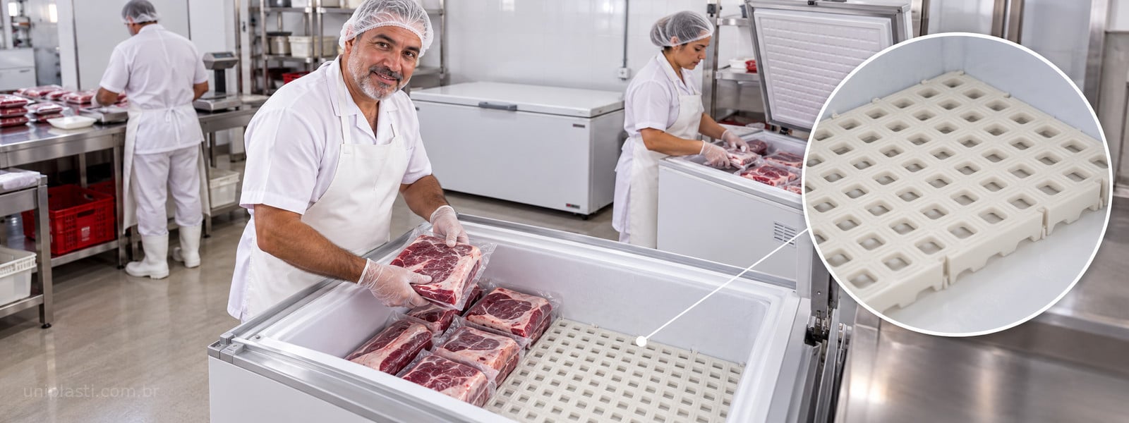 Equipe em açougue com freezers horizontais e detalhe ampliado do estrado em PE natural no fundo do compartimento