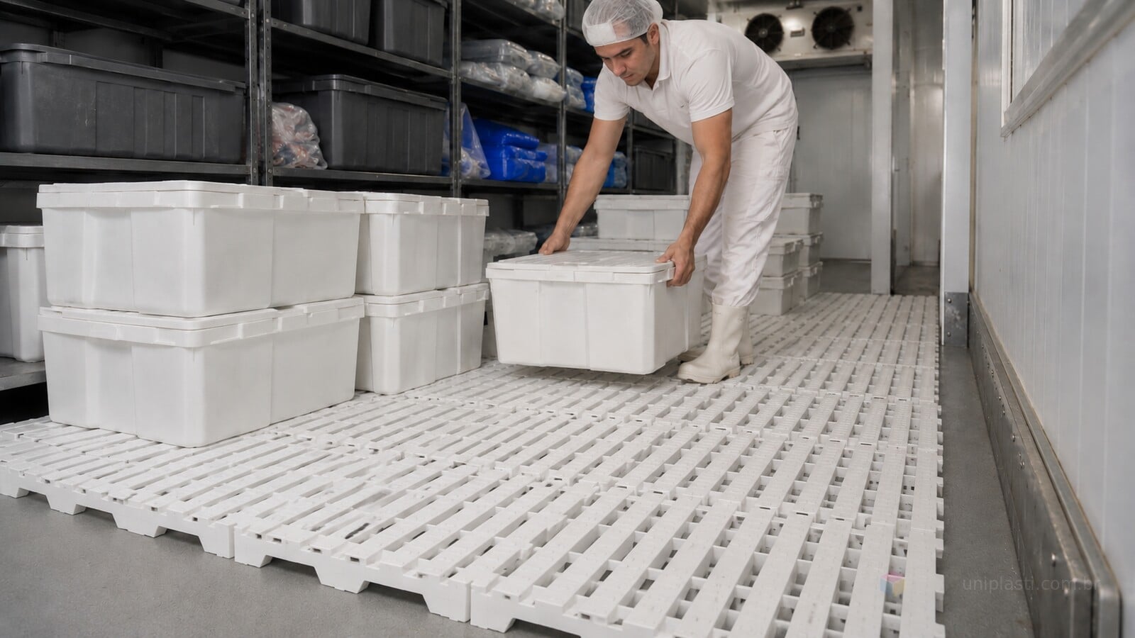 Funcionário organiza caixas fechadas sobre estrados plásticos 50×50 brancos em área de estoque de açougue