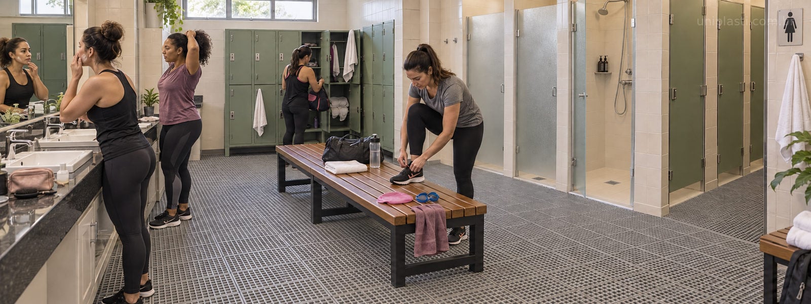 Mulheres em vestiário esportivo com pias, armários, banco central e piso modular cinza na área comum, junto às cabines de banho.