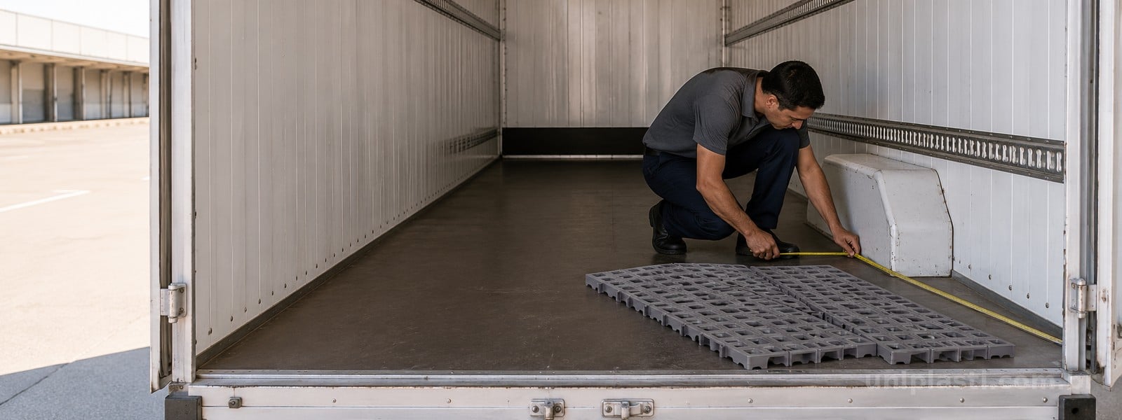 Profissional mede o piso e a caixa de roda de um caminhão-baú ao lado de estrados plásticos