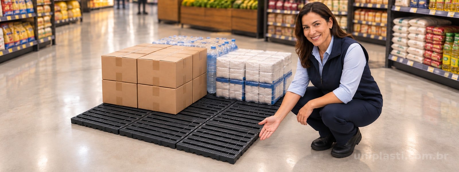 Gestora avalia estrados pretos com mercadorias embaladas e espaço livre para reposição no supermercado