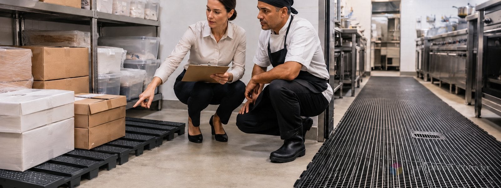 Gerente e profissional de cozinha comparam estrado sob caixas no estoque e piso modular na área de circulação