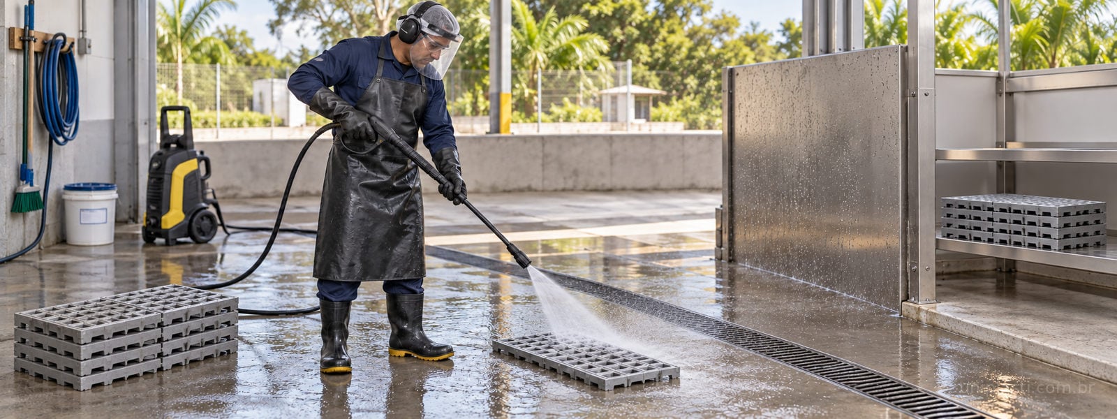 Profissional com equipamentos de proteção lava estrados plásticos em área dedicada à higienização