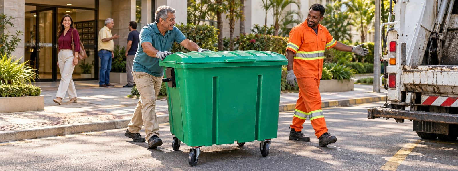 Funcionário movimenta container verde com rodas em frente a condomínio enquanto gari indica o ponto de coleta e moradores circulam ao fundo
