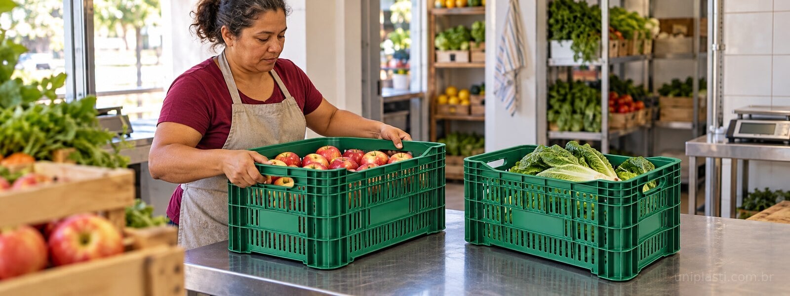 Funcionária recebe maçãs e alfaces em caixas vazadas separadas na mesma bancada.