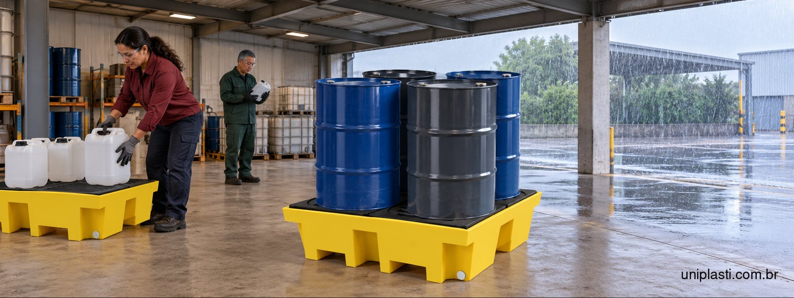 Pallet de contenção com quatro tambores protegido por cobertura enquanto chove no pátio externo