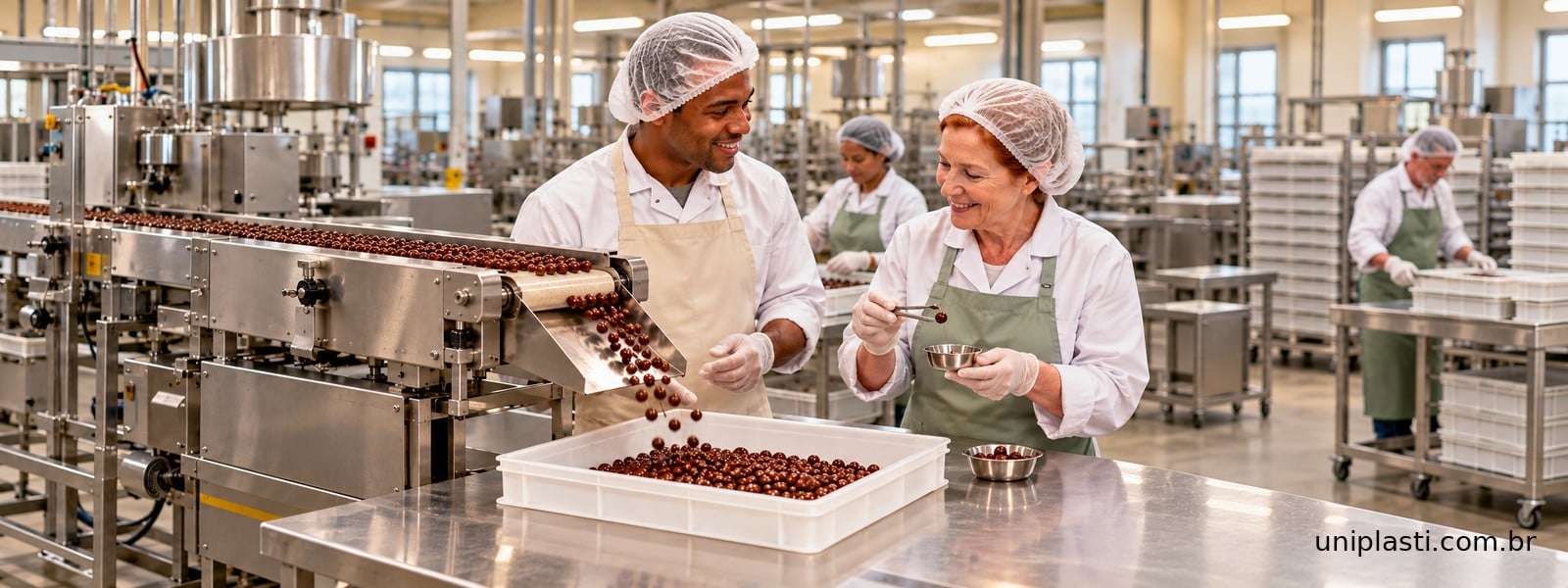 Equipe acompanha chocolates chegando a uma bandeja natural baixa e confere o produto na linha de alimentos.