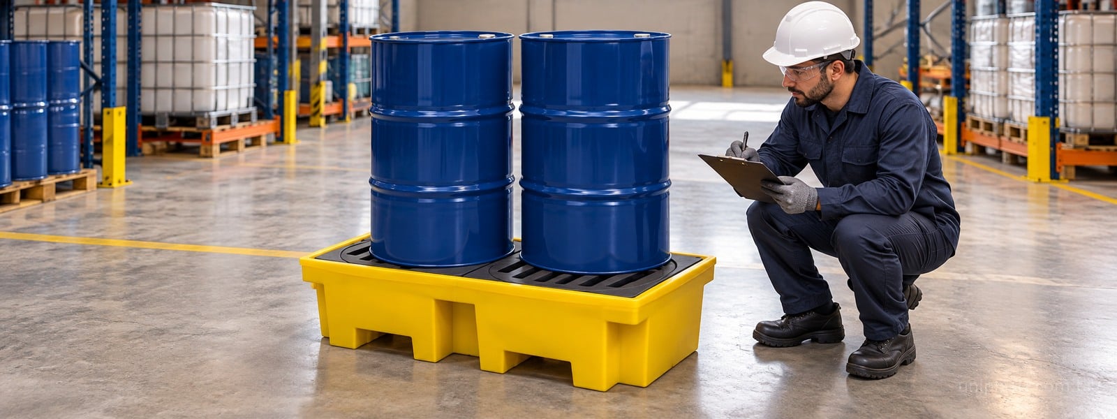 Técnico inspeciona pallet de contenção sob dois tambores fechados