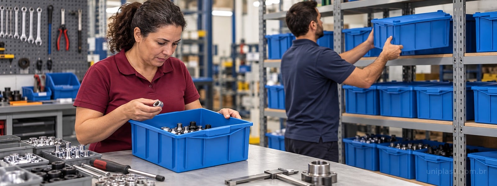 Equipe organiza materiais em caixas padronizadas no almoxarifado