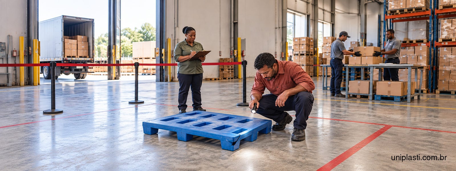 Profissional inspeciona o pé avariado de um pallet plástico azul separado da circulação