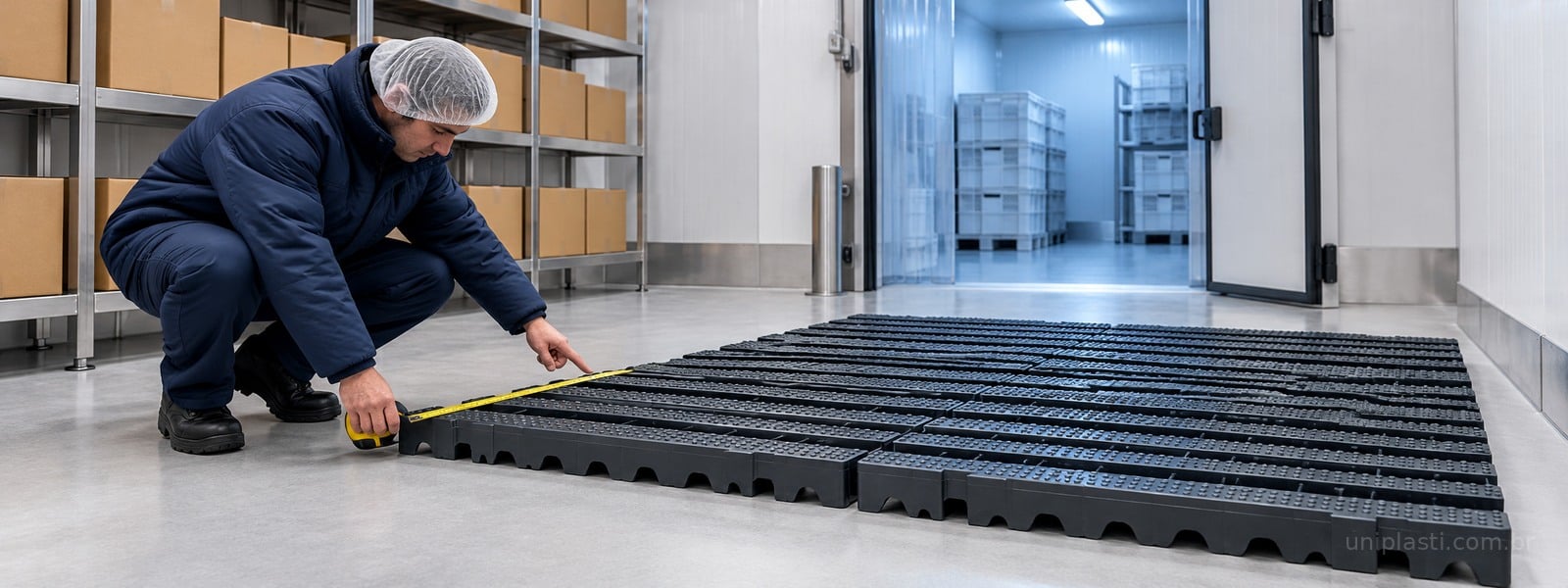 Profissional avalia estrados e espaço de apoio junto à entrada da câmara fria