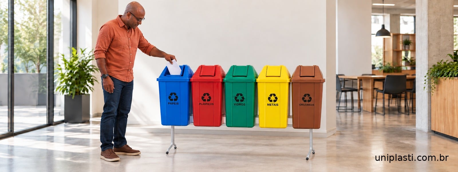 Homem coloca papel no coletor azul de um conjunto identificado para papéis, plásticos, vidros, metais e orgânicos.