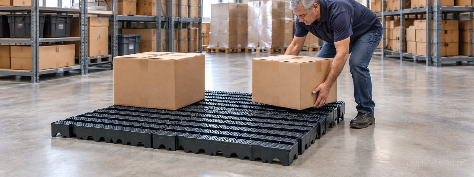 Operador apoia caixas sobre estrados modulares no estoque