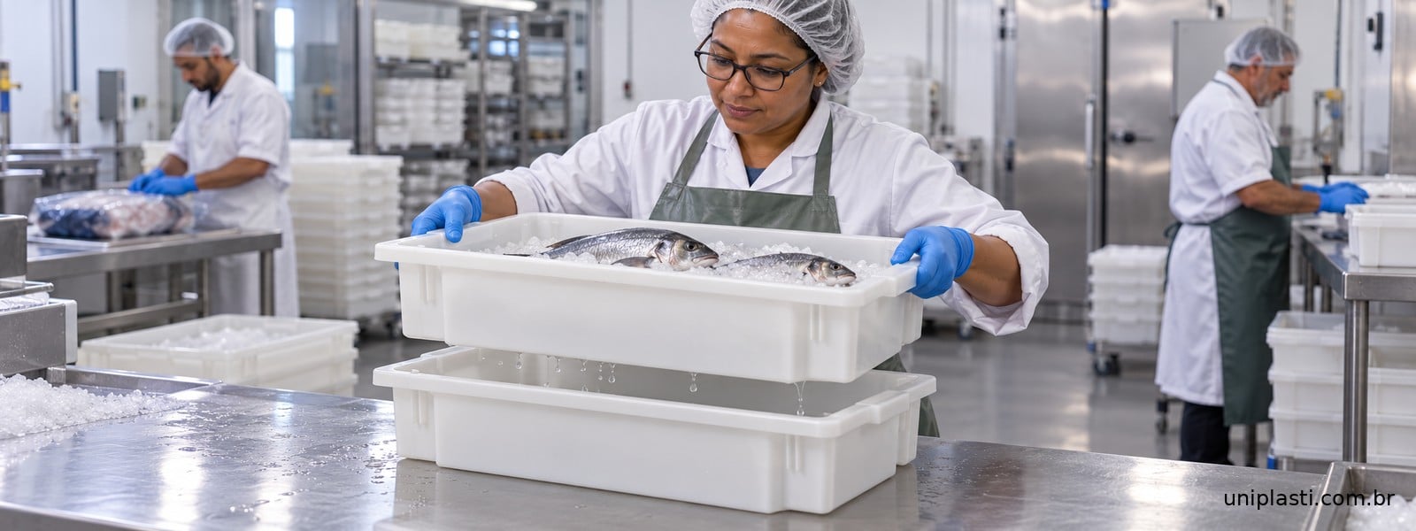 Profissional confere uma caixa de pescado sobre uma caixa fechada destinada a recolher o líquido, em área de preparação refrigerada.