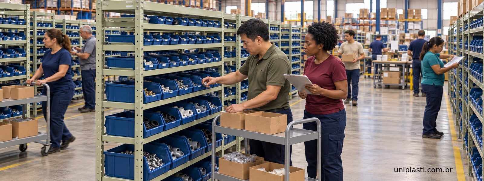 Equipe separa peças em um galpão de e-commerce com fileiras de estantes e caixas BIN azuis de vários tamanhos.