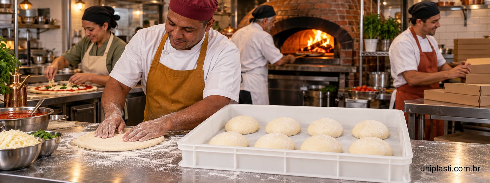 Bandeja para massa com oito bolinhas separadas em cozinha de pizzaria com equipe trabalhando