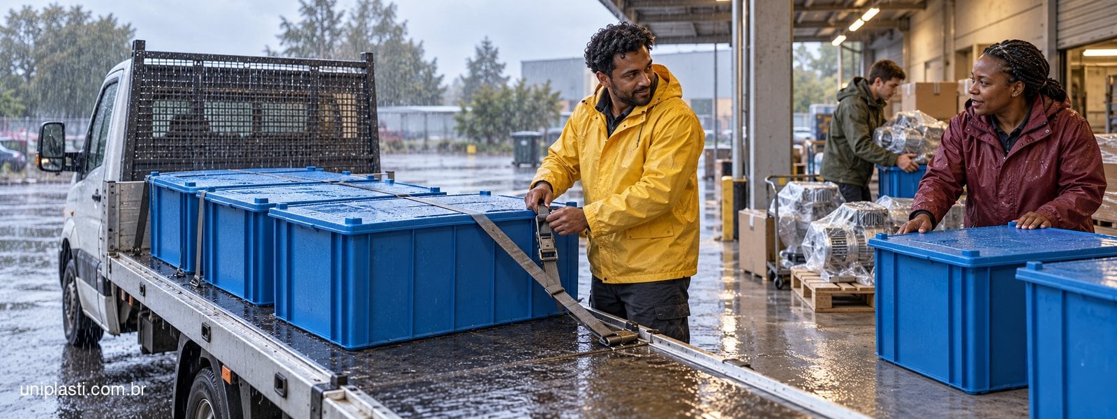 Equipe com capas de chuva organiza caixas azuis com tampa sobreposta em caminhão aberto ao lado de uma doca coberta.