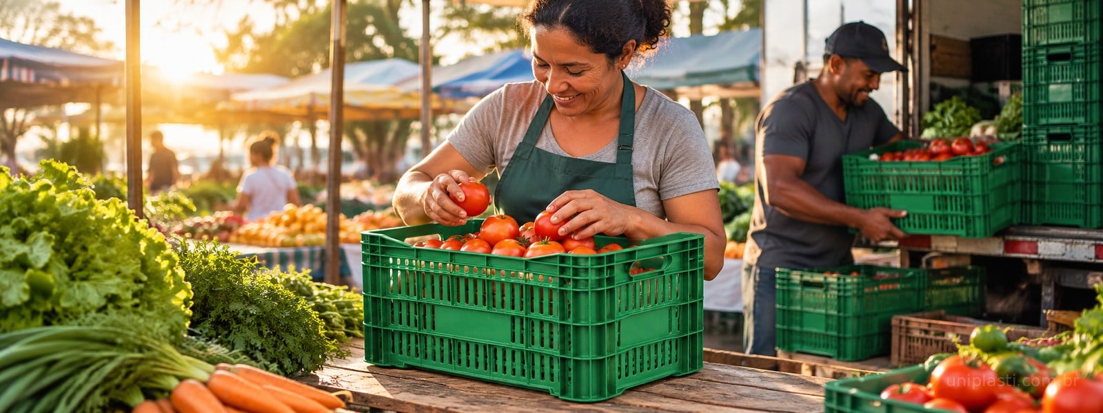 Equipe organiza tomates em caixas vazadas em uma feira de abastecimento
