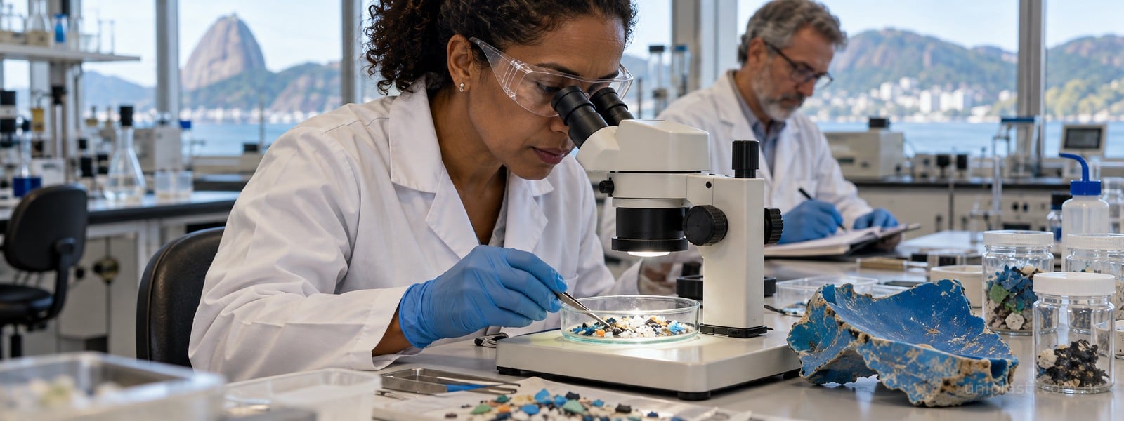 Profissional examina partículas e uma amostra plástica em laboratório ambiental