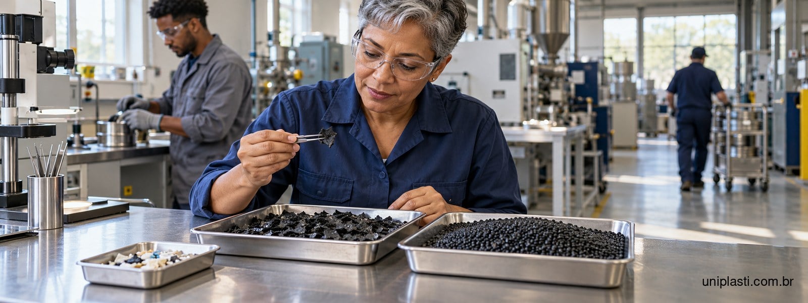 Técnica examina fragmento de plástico preto diante de bandejas com fragmentos e grânulos, em ambiente industrial.