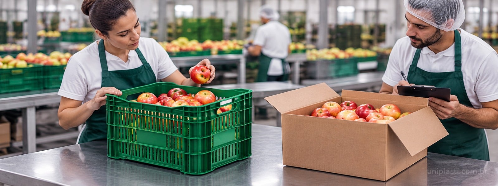 Equipe compara caixa plástica vazada e embalagem de papelão para frutas