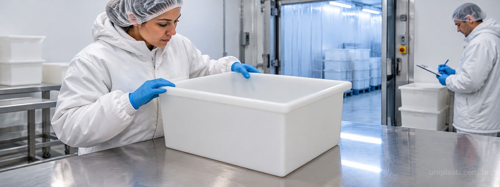 Profissional inspeciona caixa de polietileno no recebimento refrigerado