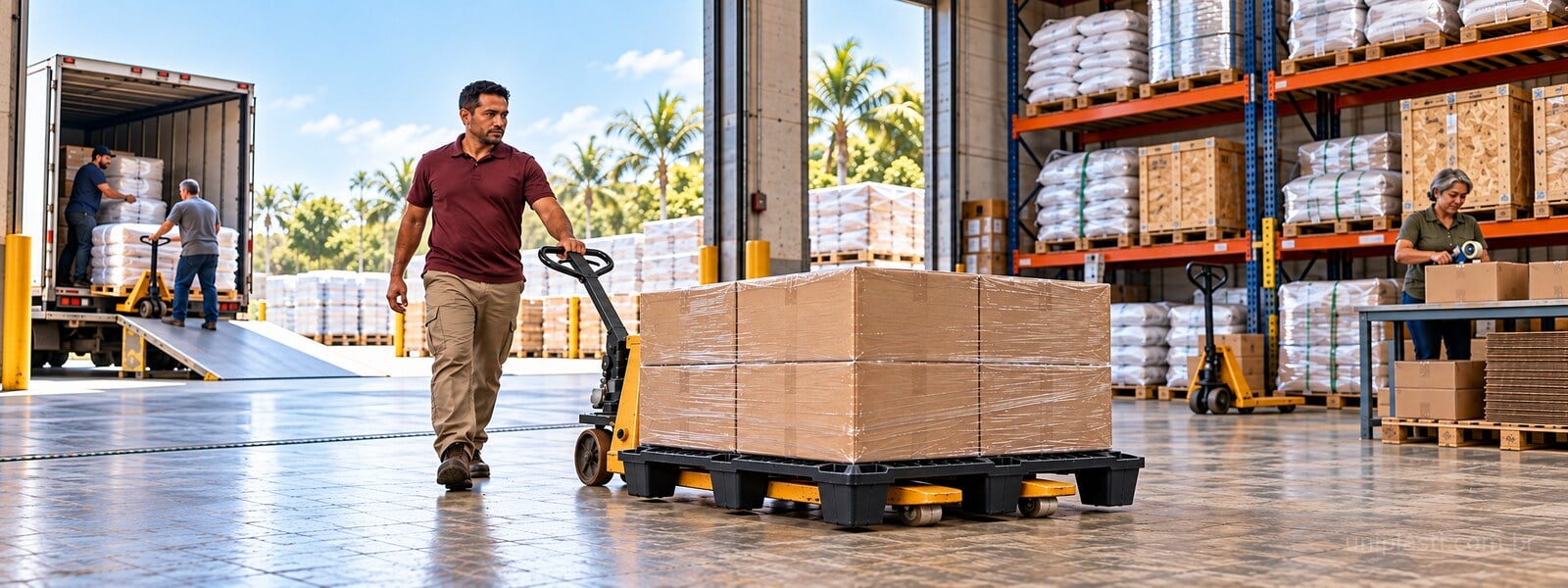 Pallet plástico de nove pés com caixas sendo transportado por paleteira em uma área de expedição.