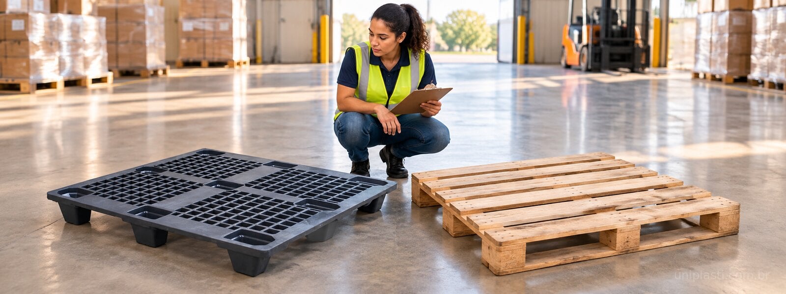 Profissional compara um pallet plástico vazado e um pallet de madeira apoiados no piso.