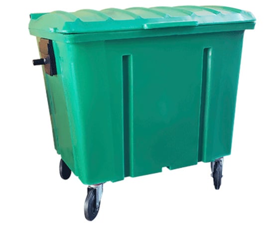 Container de lixo verde com tampa fechada, munhão lateral e rodas, foto oficial do catálogo